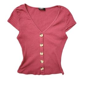 Shein Maroon faux button down V Neck Crop Top - Large